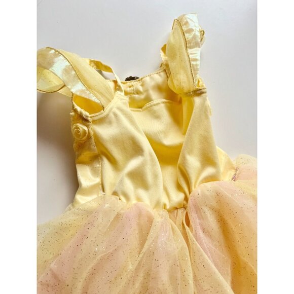 Girls' DISNEY Belle Yellow Glitter Satin Tulle Rosette Dress Costume, Size 4 - Picture 7 of 14